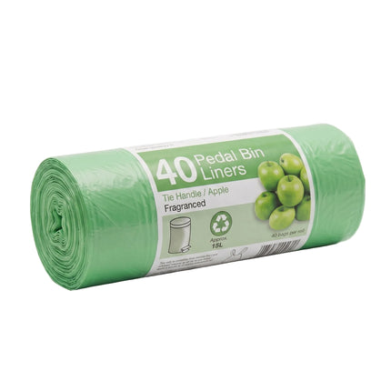 A roll of green 40-piece pedal bin liners, labeled 'The Handle / Apple Fragranced', on a clean white background.