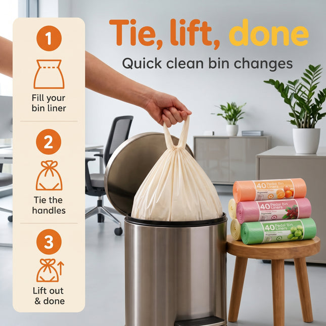 A beige reusable plastic bag is being lifted by a hand from a stainless steel trash can, with a vertical instruction panel on the left showing steps to fill, tie, and lift the bag. A small stack of colorful bin liners sits on a wooden stool to the right in a modern room setting.