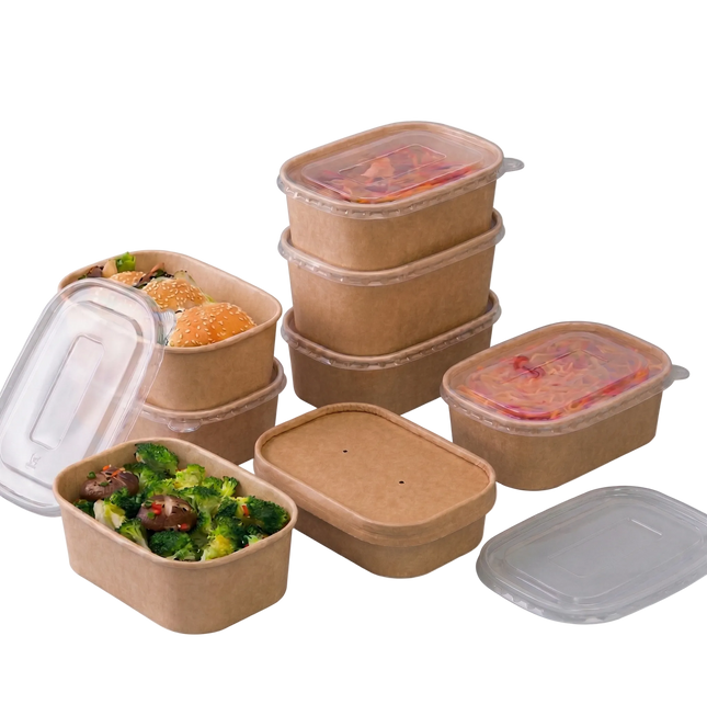 Set of brown cardboard food containers with lids on a white background