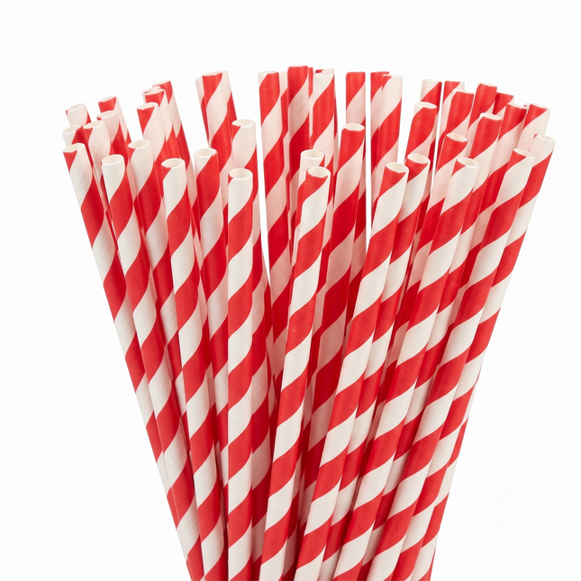 Red Striped Paper Drinking Straws (6mm x 200mm)