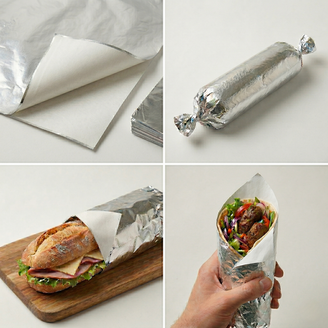 Steps showing how to wrap a sandwich and a burrito in aluminum foil.