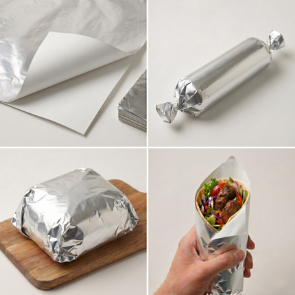 Thermo shield foil food liners wraps, wrap collage - CaterWise Ireland