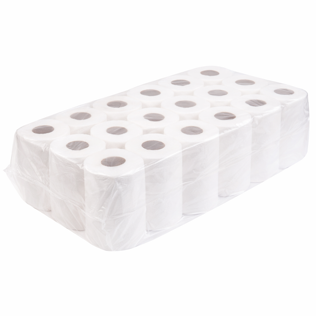Pack of white toilet paper rolls on a white background