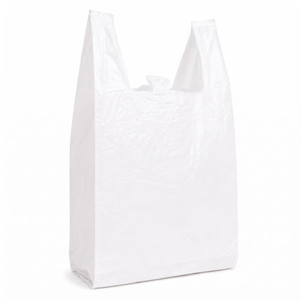 A plain white plastic shopping bag with integrated handles, standing upright against a clean white background.