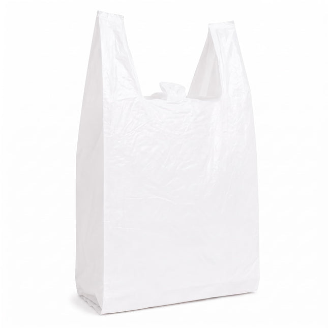 A plain white plastic shopping bag with integrated handles, standing upright against a clean white background.