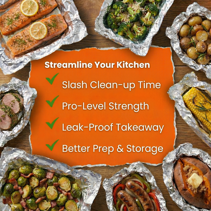 Aluminum foil packages with various food items on a wooden surface, featuring an orange promotional banner.